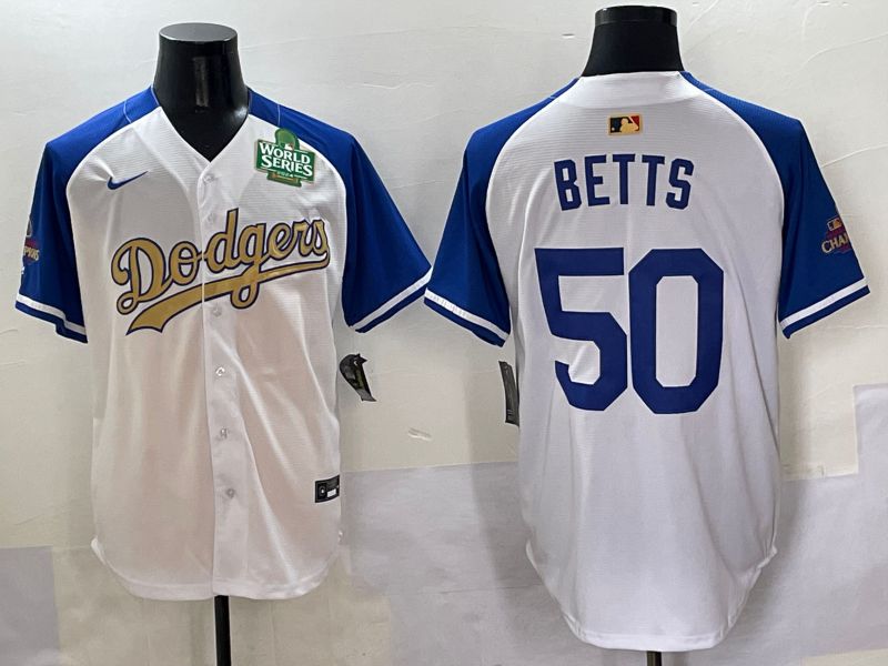 Men Los Angeles Dodgers #50 Betts White Blue Champion gold character Nike 2025 MLB Jersey style 5054->los angeles dodgers->MLB Jersey